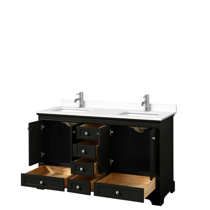 Wyndham Collection Deborah 60" Double Bathroom Vanity in Dark Espresso, White Cultured Marble Countertop, Undermount Square Sinks, No Mirror