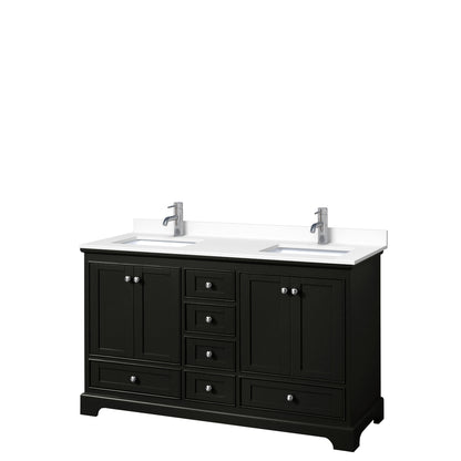 Wyndham Collection Deborah 60" Double Bathroom Vanity in Dark Espresso, White Cultured Marble Countertop, Undermount Square Sinks, No Mirror