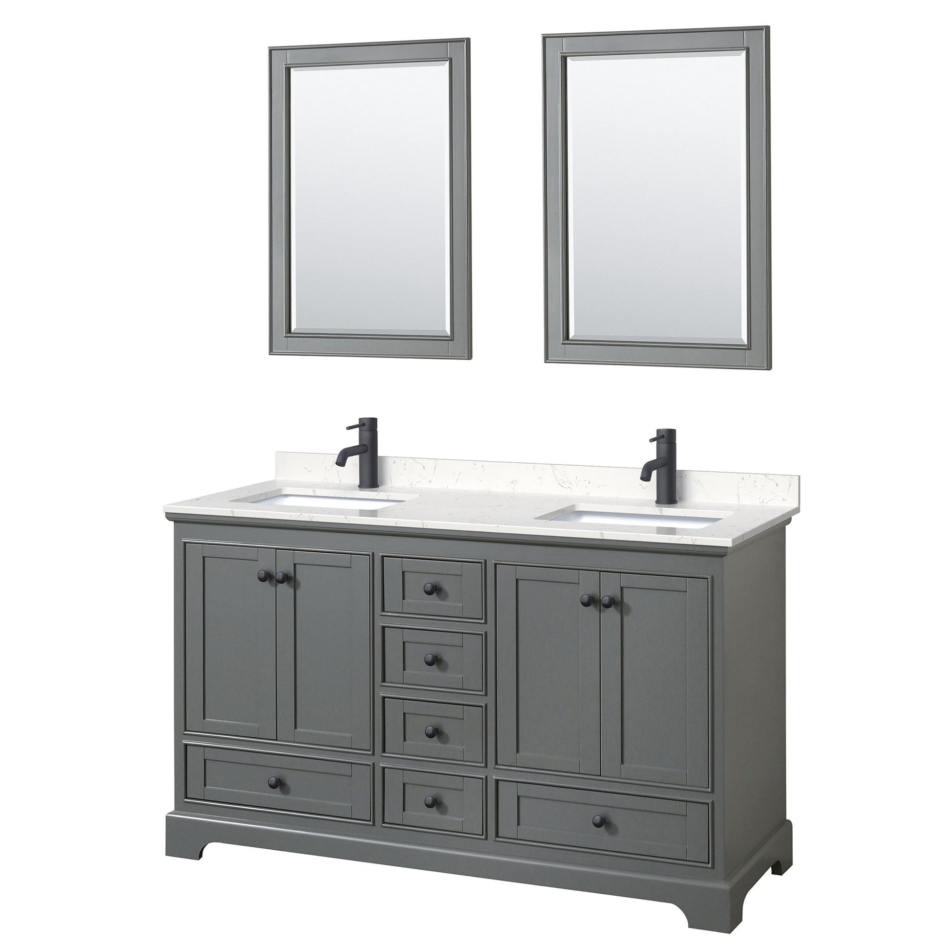 Wyndham Collection Deborah 60" Double Bathroom Vanity in Dark Gray, Carrara Cultured Marble Countertop, Undermount Square Sinks, Matte Black Trim, 24" Mirrors