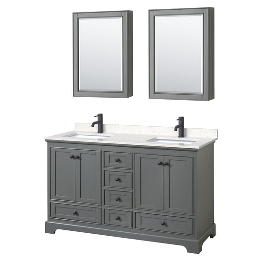 Wyndham Collection Deborah 60" Double Bathroom Vanity in Dark Gray, Carrara Cultured Marble Countertop, Undermount Square Sinks, Matte Black Trim, Medicine Cabinets