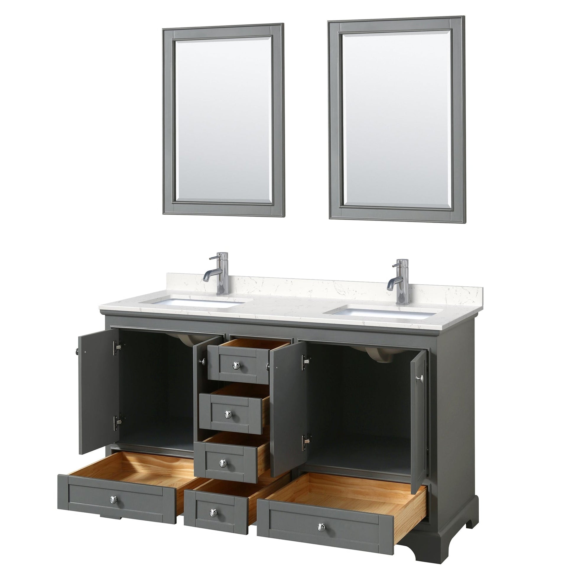 Wyndham Collection Deborah 60" Double Bathroom Vanity in Dark Gray, Light-Vein Carrara Cultured Marble Countertop, Undermount Square Sinks, 24" Mirror