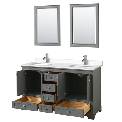 Wyndham Collection Deborah 60" Double Bathroom Vanity in Dark Gray, Light-Vein Carrara Cultured Marble Countertop, Undermount Square Sinks, 24" Mirror