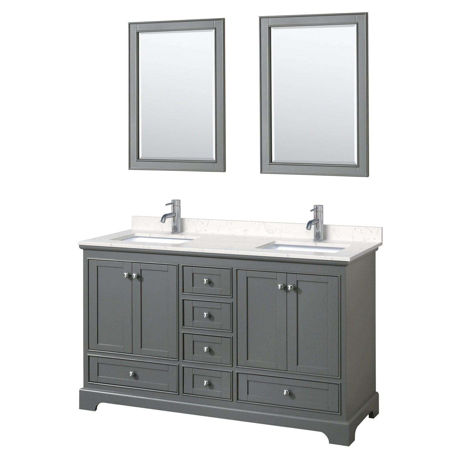 Wyndham Collection Deborah 60" Double Bathroom Vanity in Dark Gray, Light-Vein Carrara Cultured Marble Countertop, Undermount Square Sinks, 24" Mirror