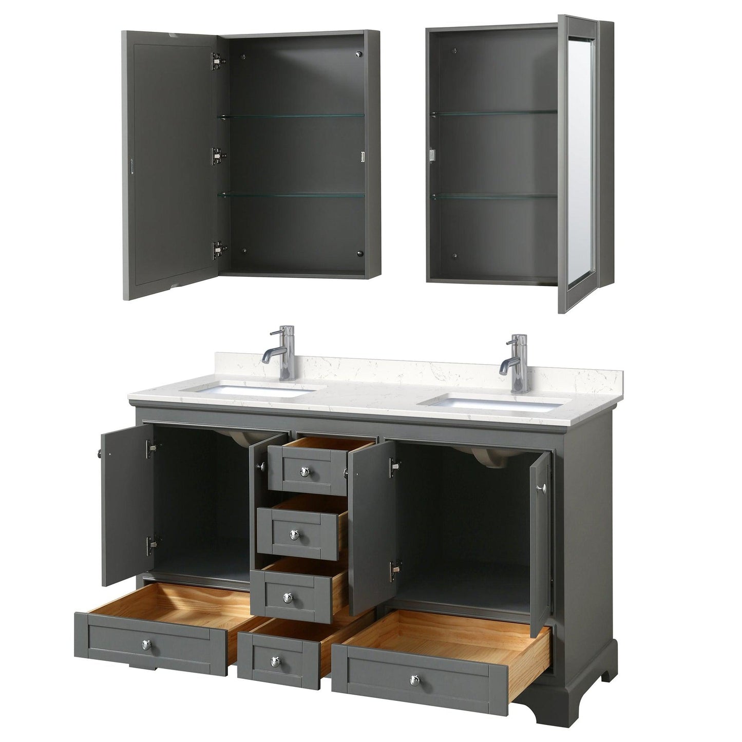 Wyndham Collection Deborah 60" Double Bathroom Vanity in Dark Gray, Light-Vein Carrara Cultured Marble Countertop, Undermount Square Sinks, Medicine Cabinet