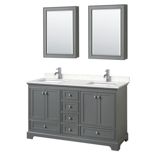 Wyndham Collection Deborah 60" Double Bathroom Vanity in Dark Gray, Light-Vein Carrara Cultured Marble Countertop, Undermount Square Sinks, Medicine Cabinet