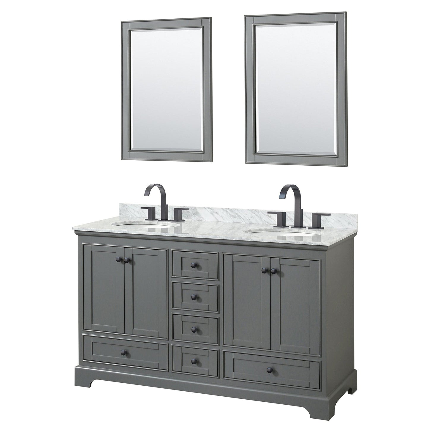 Wyndham Collection Deborah 60" Double Bathroom Vanity in Dark Gray, White Carrara Marble Countertop, Undermount Oval Sinks, Matte Black Trim, 24" Mirrors