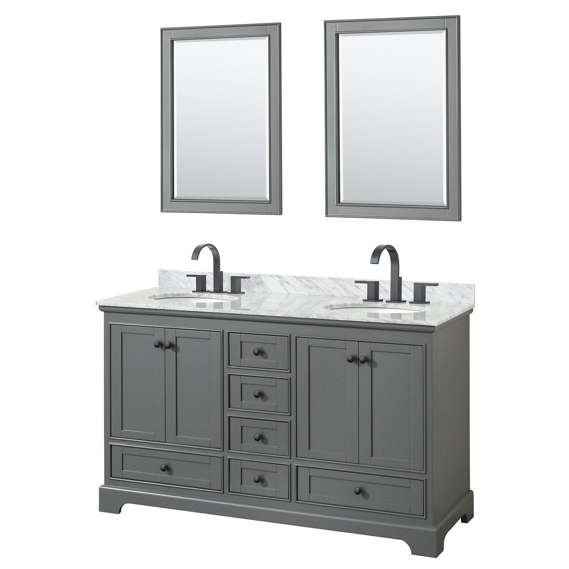 Wyndham Collection Deborah 60" Double Bathroom Vanity in Dark Gray, White Carrara Marble Countertop, Undermount Oval Sinks, Matte Black Trim, 24" Mirrors