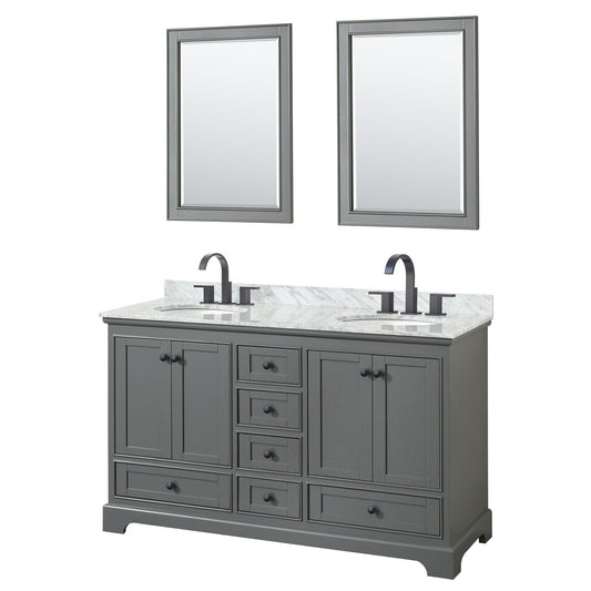Wyndham Collection Deborah 60" Double Bathroom Vanity in Dark Gray, White Carrara Marble Countertop, Undermount Oval Sinks, Matte Black Trim, 24" Mirrors