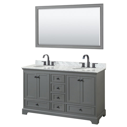 Wyndham Collection Deborah 60" Double Bathroom Vanity in Dark Gray, White Carrara Marble Countertop, Undermount Oval Sinks, Matte Black Trim, 58" Mirror