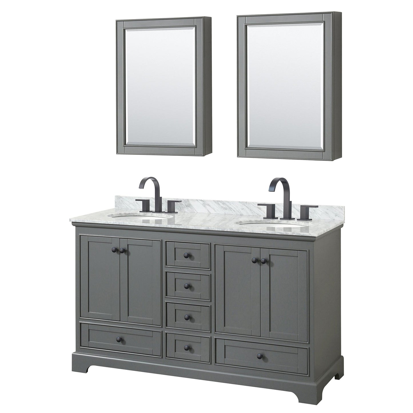 Wyndham Collection Deborah 60" Double Bathroom Vanity in Dark Gray, White Carrara Marble Countertop, Undermount Oval Sinks, Matte Black Trim, Medicine Cabinets