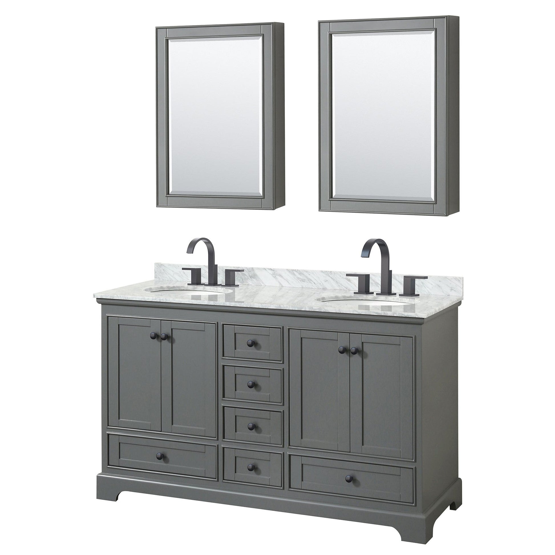 Wyndham Collection Deborah 60" Double Bathroom Vanity in Dark Gray, White Carrara Marble Countertop, Undermount Oval Sinks, Matte Black Trim, Medicine Cabinets