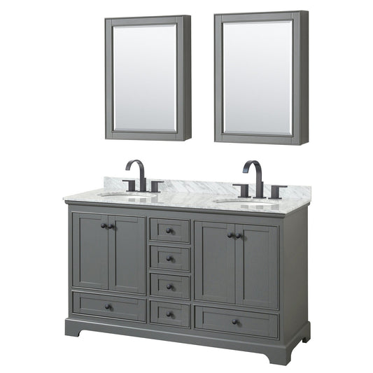 Wyndham Collection Deborah 60" Double Bathroom Vanity in Dark Gray, White Carrara Marble Countertop, Undermount Oval Sinks, Matte Black Trim, Medicine Cabinets