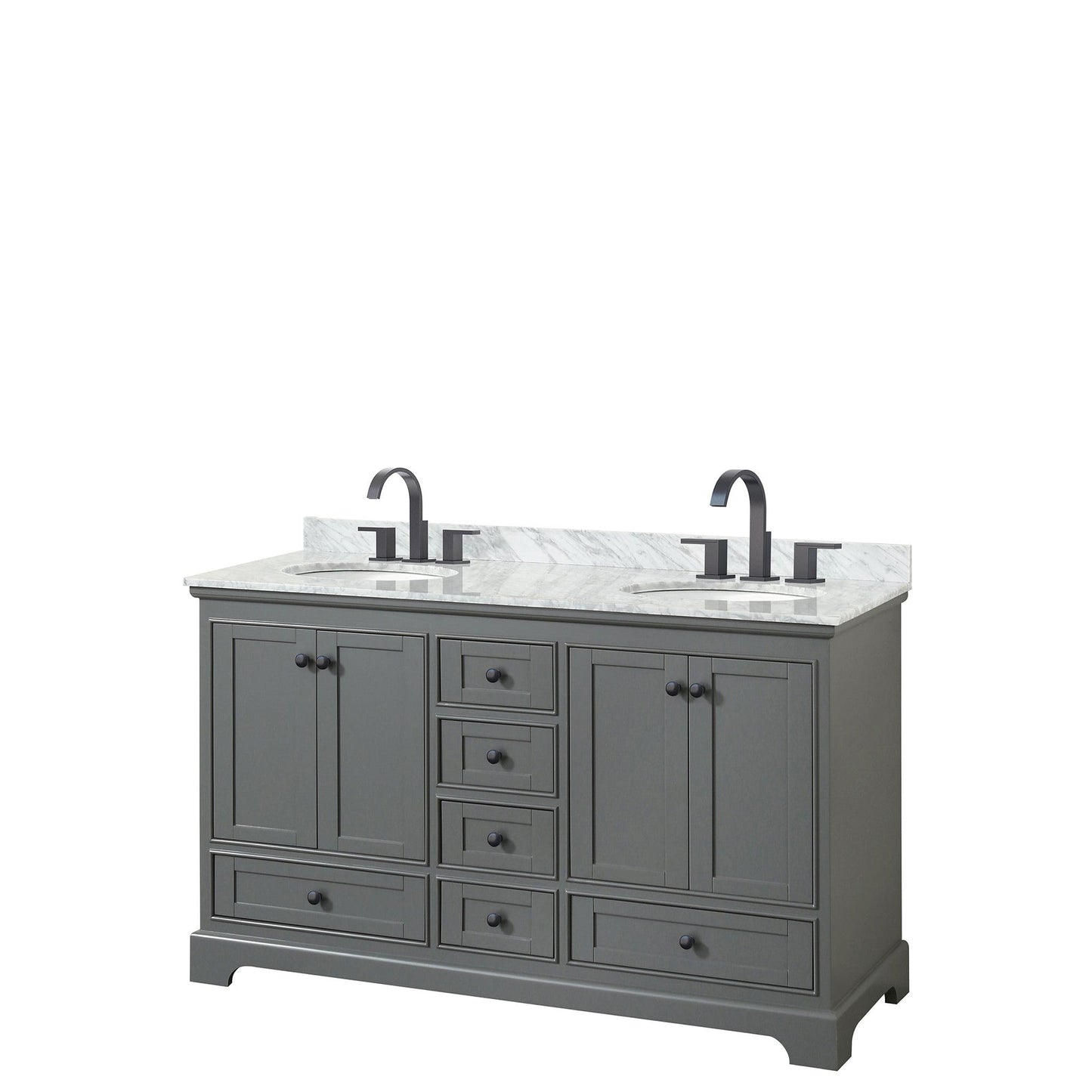 Wyndham Collection Deborah 60" Double Bathroom Vanity in Dark Gray, White Carrara Marble Countertop, Undermount Oval Sinks, Matte Black Trim