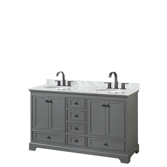 Wyndham Collection Deborah 60" Double Bathroom Vanity in Dark Gray, White Carrara Marble Countertop, Undermount Oval Sinks, Matte Black Trim