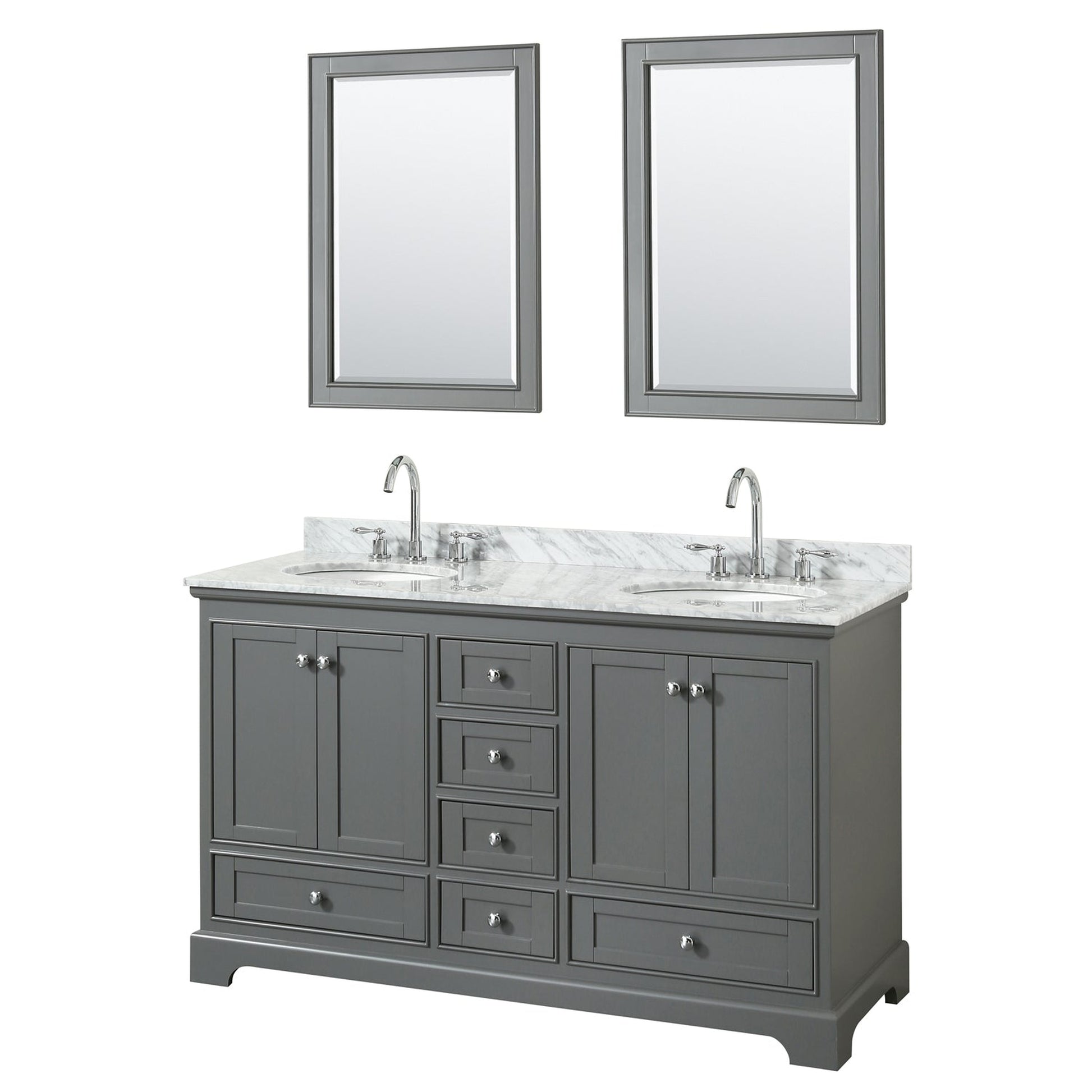 Wyndham Collection Deborah 60" Double Bathroom Vanity in Dark Gray, White Carrara Marble Countertop, Undermount Oval Sinks, and 24" Mirror