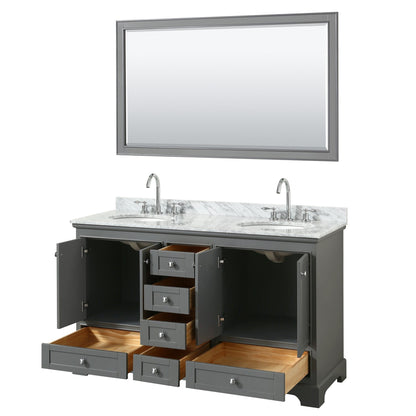 Wyndham Collection Deborah 60" Double Bathroom Vanity in Dark Gray, White Carrara Marble Countertop, Undermount Oval Sinks, and 58" Mirror