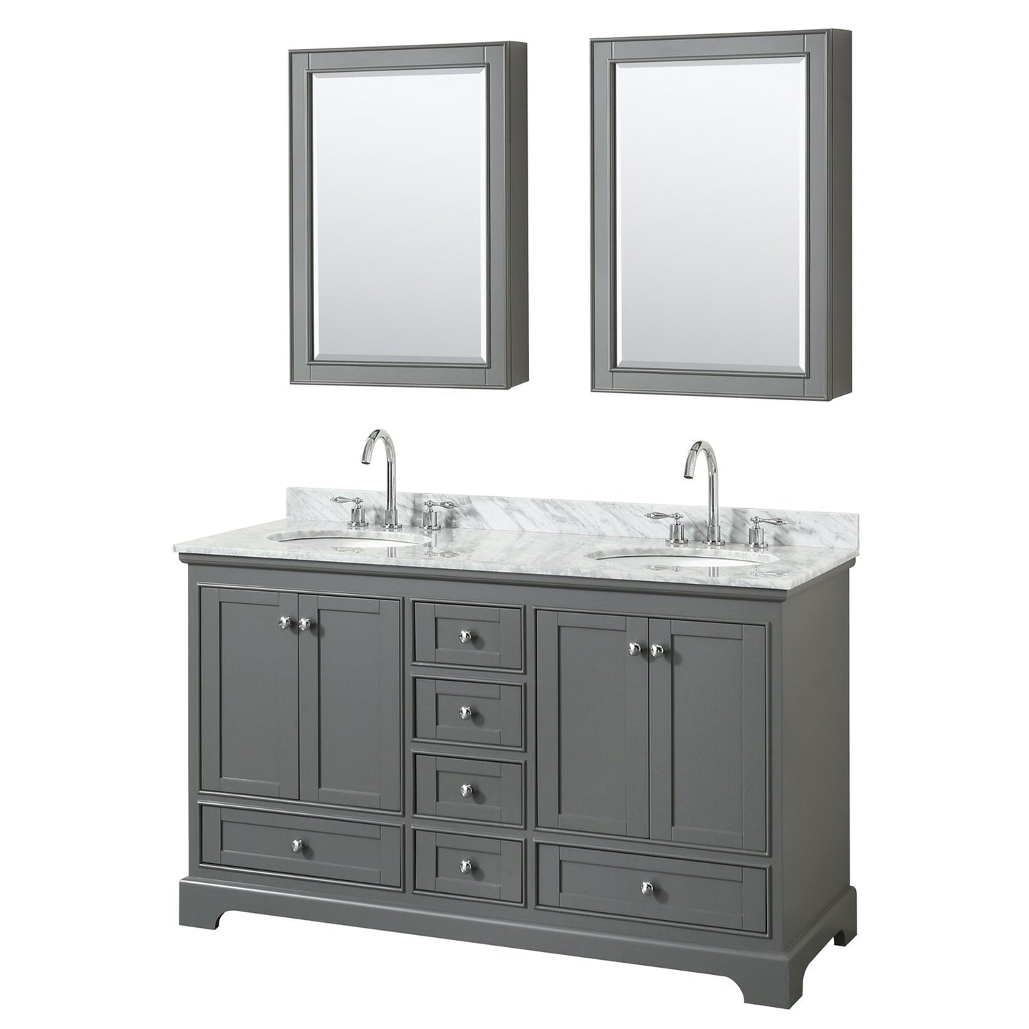 Wyndham Collection Deborah 60" Double Bathroom Vanity in Dark Gray, White Carrara Marble Countertop, Undermount Oval Sinks, and Medicine Cabinet