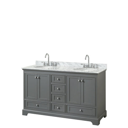 Wyndham Collection Deborah 60" Double Bathroom Vanity in Dark Gray, White Carrara Marble Countertop, Undermount Oval Sinks, and No Mirror