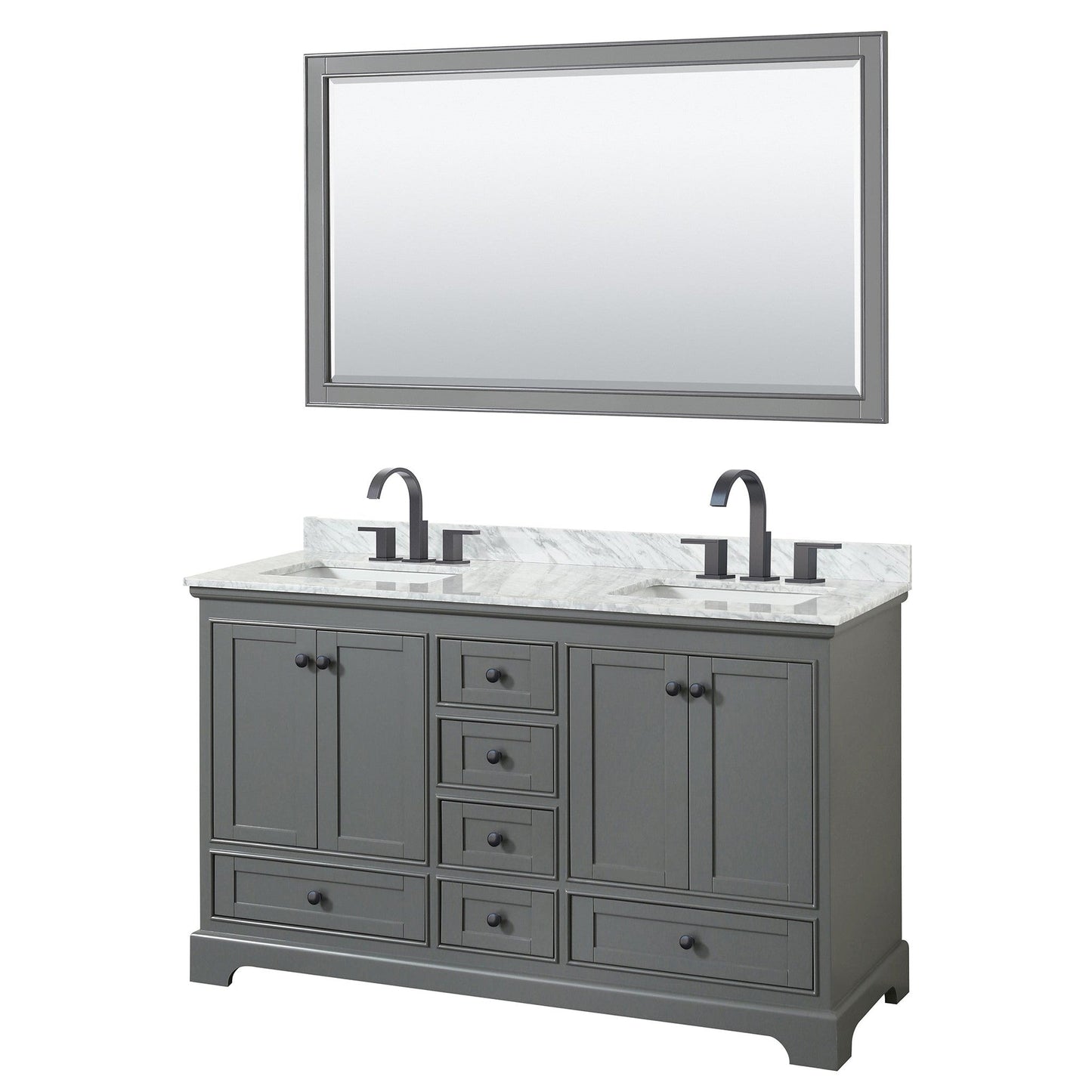 Wyndham Collection Deborah 60" Double Bathroom Vanity in Dark Gray, White Carrara Marble Countertop, Undermount Square Sinks, Matte Black Trim, 58" Mirror