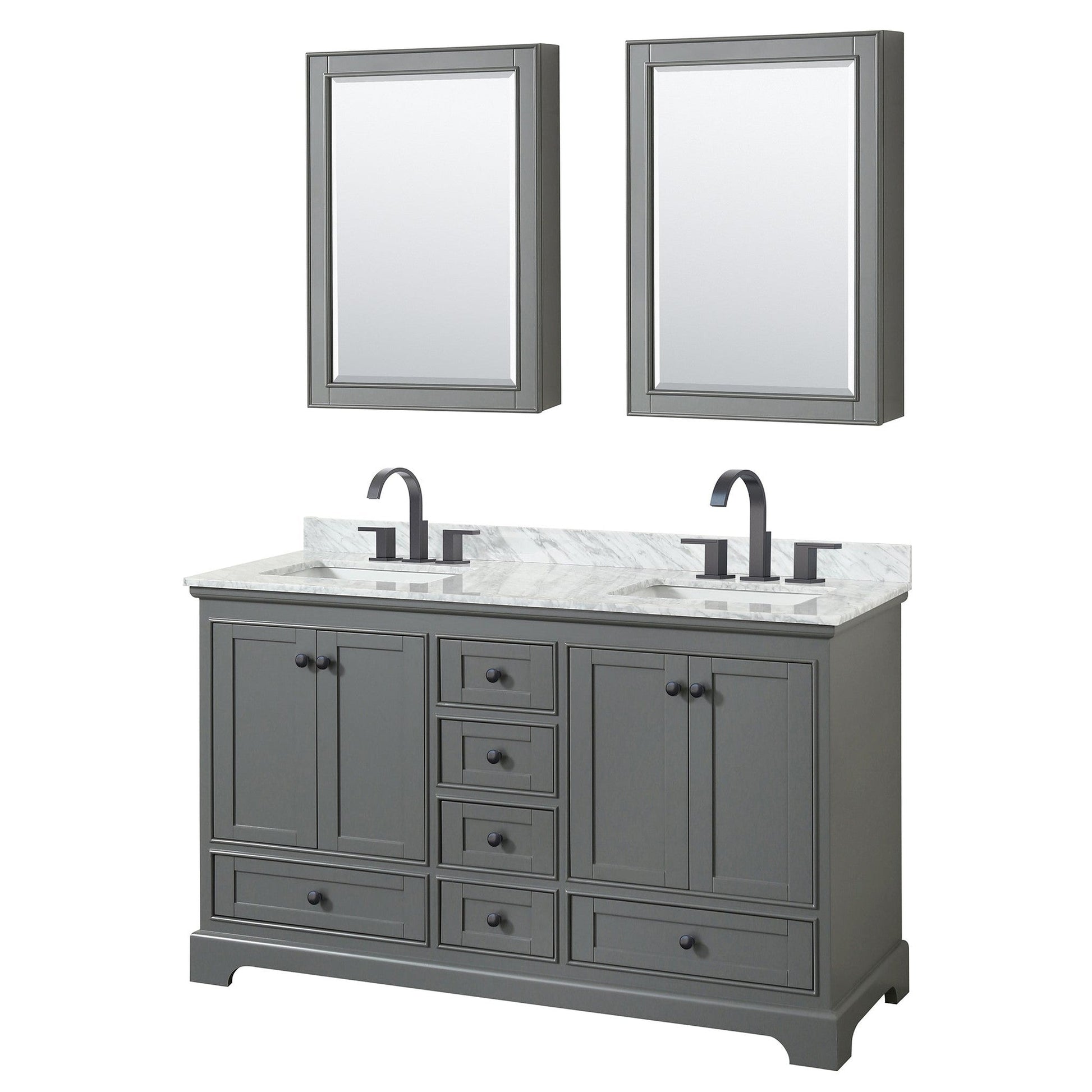 Wyndham Collection Deborah 60" Double Bathroom Vanity in Dark Gray, White Carrara Marble Countertop, Undermount Square Sinks, Matte Black Trim, Medicine Cabinets