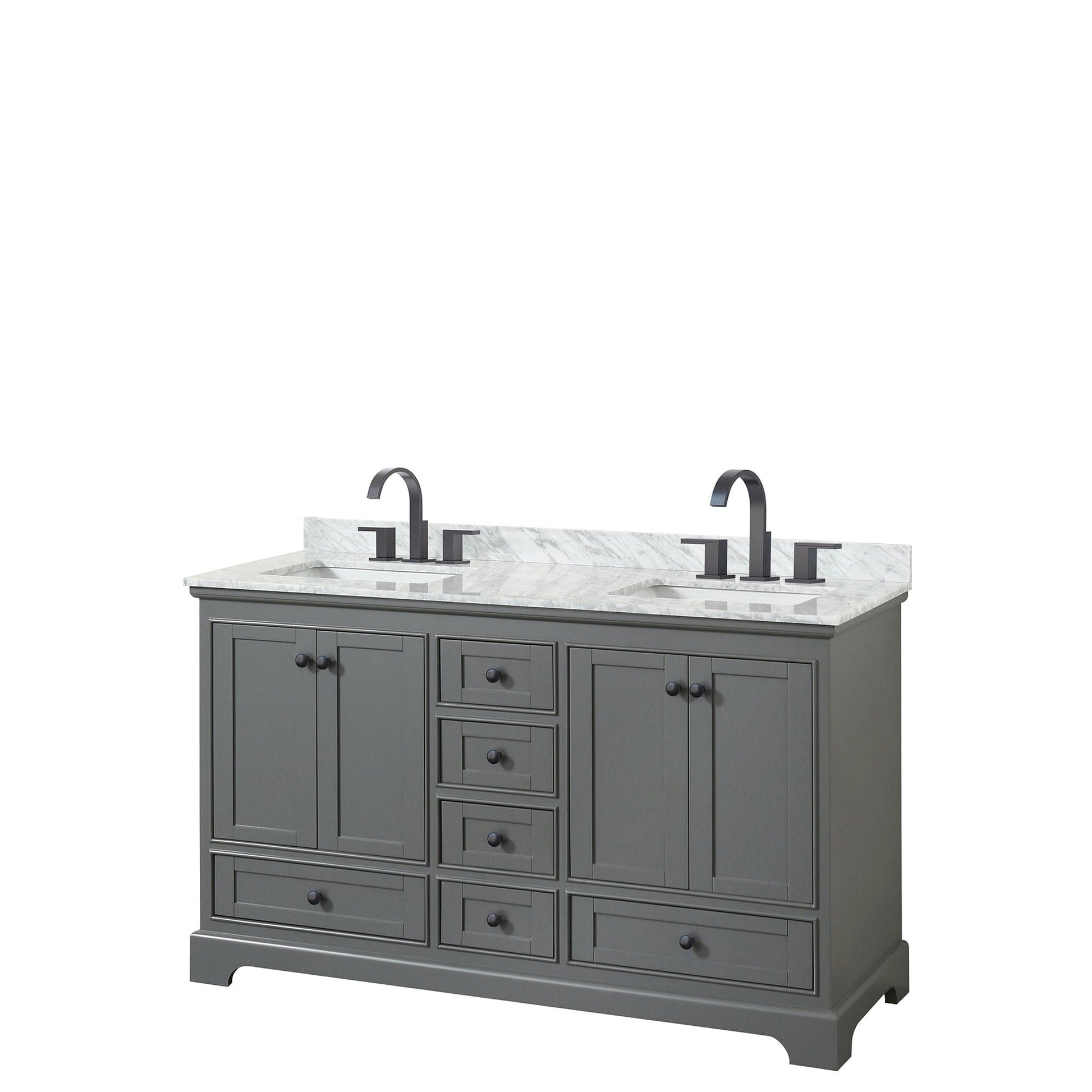 Wyndham Collection Deborah 60" Double Bathroom Vanity in Dark Gray, White Carrara Marble Countertop, Undermount Square Sinks, Matte Black Trim