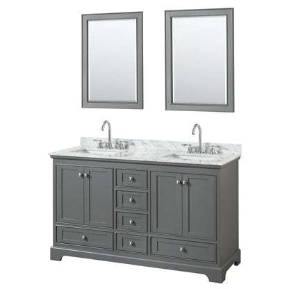 Wyndham Collection Deborah 60" Double Bathroom Vanity in Dark Gray, White Carrara Marble Countertop, Undermount Square Sinks, and 24" Mirror