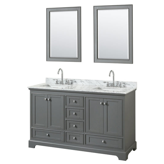 Wyndham Collection Deborah 60" Double Bathroom Vanity in Dark Gray, White Carrara Marble Countertop, Undermount Square Sinks, and 24" Mirror