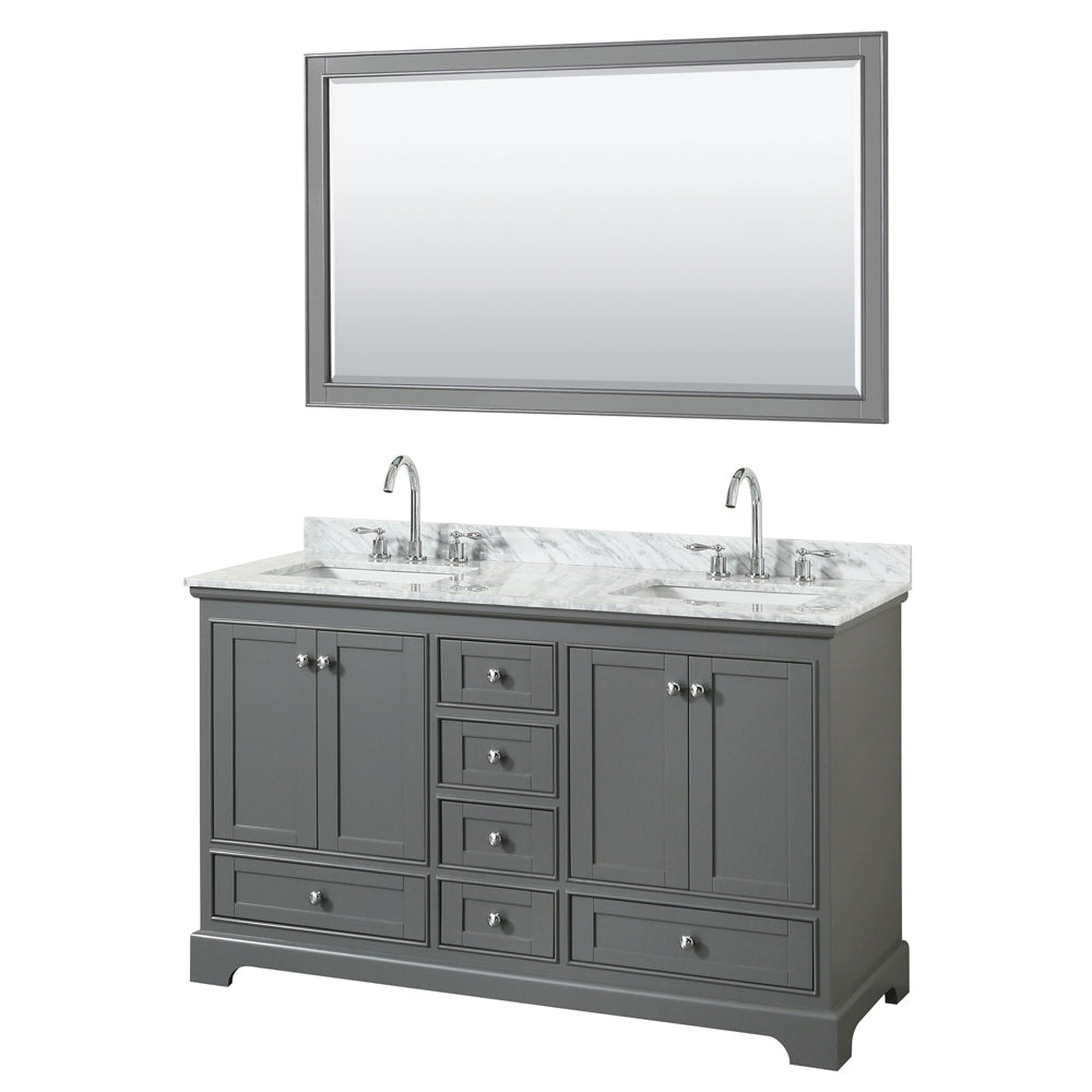 Wyndham Collection Deborah 60" Double Bathroom Vanity in Dark Gray, White Carrara Marble Countertop, Undermount Square Sinks, and 58" Mirror