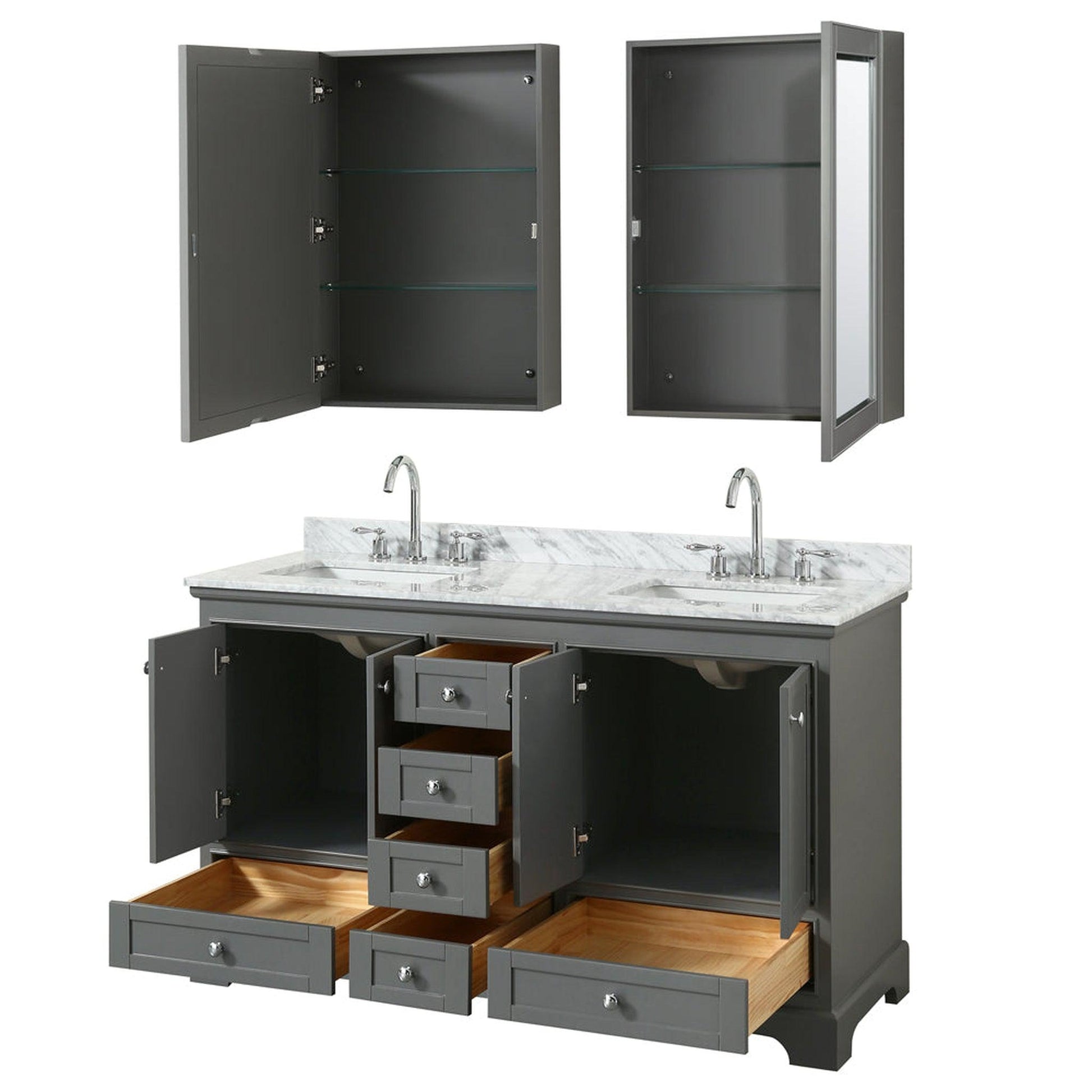 Wyndham Collection Deborah 60" Double Bathroom Vanity in Dark Gray, White Carrara Marble Countertop, Undermount Square Sinks, and Medicine Cabinet