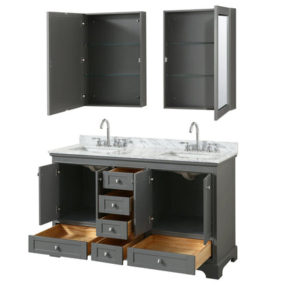 Wyndham Collection Deborah 60" Double Bathroom Vanity in Dark Gray, White Carrara Marble Countertop, Undermount Square Sinks, and Medicine Cabinet