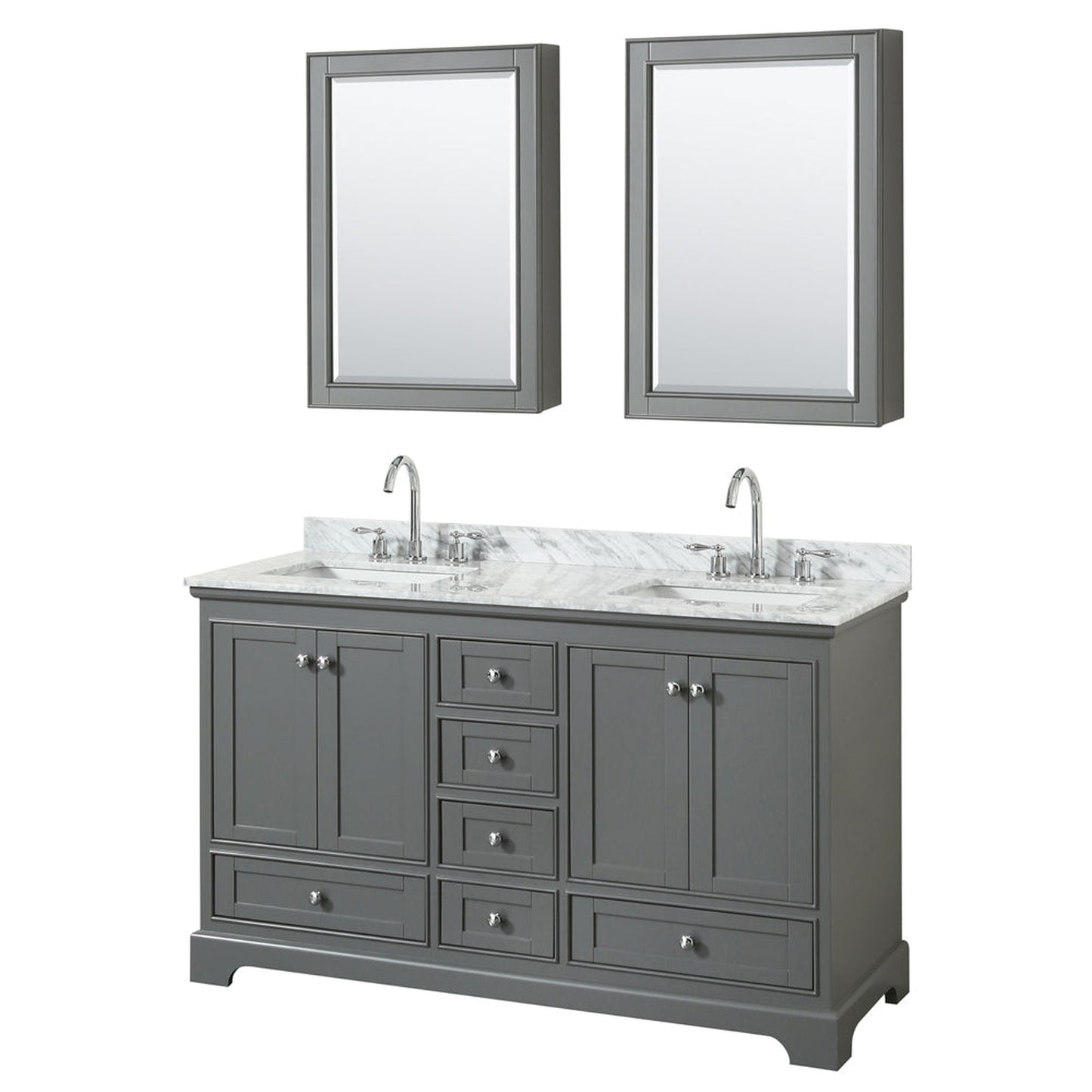 Wyndham Collection Deborah 60" Double Bathroom Vanity in Dark Gray, White Carrara Marble Countertop, Undermount Square Sinks, and Medicine Cabinet