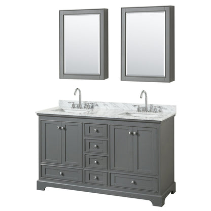 Wyndham Collection Deborah 60" Double Bathroom Vanity in Dark Gray, White Carrara Marble Countertop, Undermount Square Sinks, and Medicine Cabinet