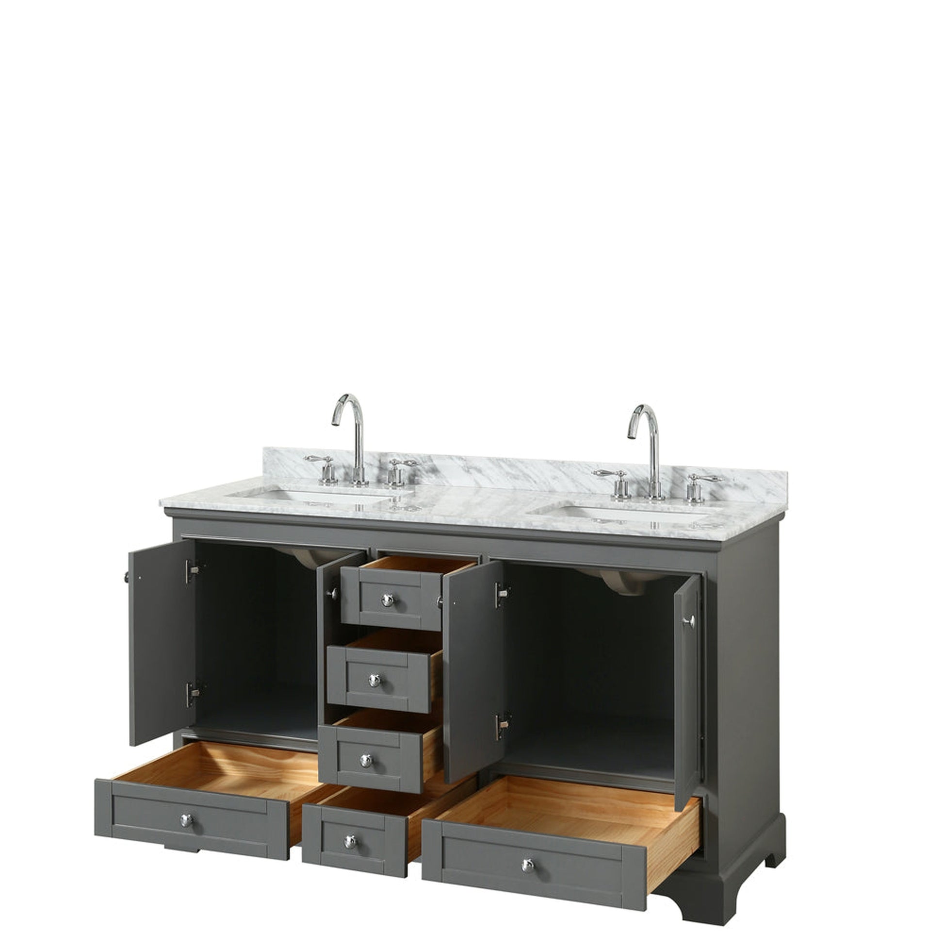 Wyndham Collection Deborah 60" Double Bathroom Vanity in Dark Gray, White Carrara Marble Countertop, Undermount Square Sinks, and No Mirror