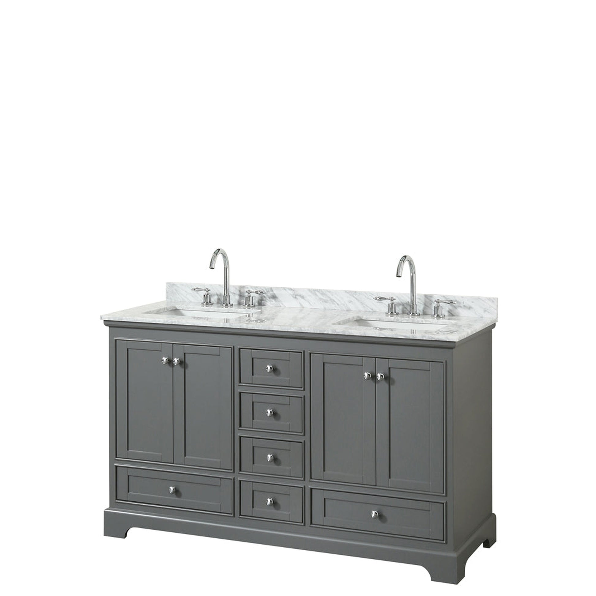 Wyndham Collection Deborah 60" Double Bathroom Vanity in Dark Gray, White Carrara Marble Countertop, Undermount Square Sinks, and No Mirror