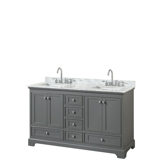 Wyndham Collection Deborah 60" Double Bathroom Vanity in Dark Gray, White Carrara Marble Countertop, Undermount Square Sinks, and No Mirror