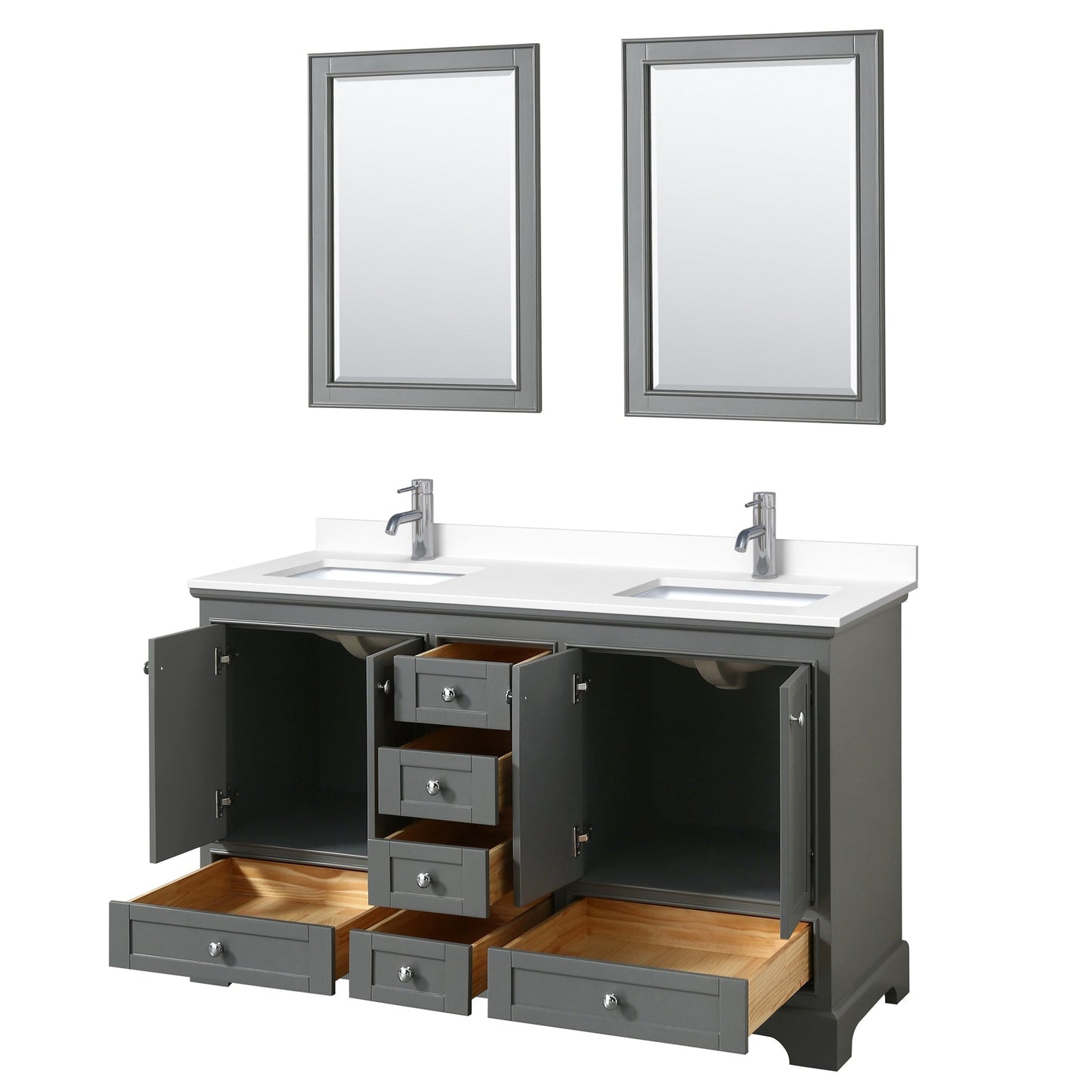 Wyndham Collection Deborah 60" Double Bathroom Vanity in Dark Gray, White Cultured Marble Countertop, Undermount Square Sinks, 24" Mirror