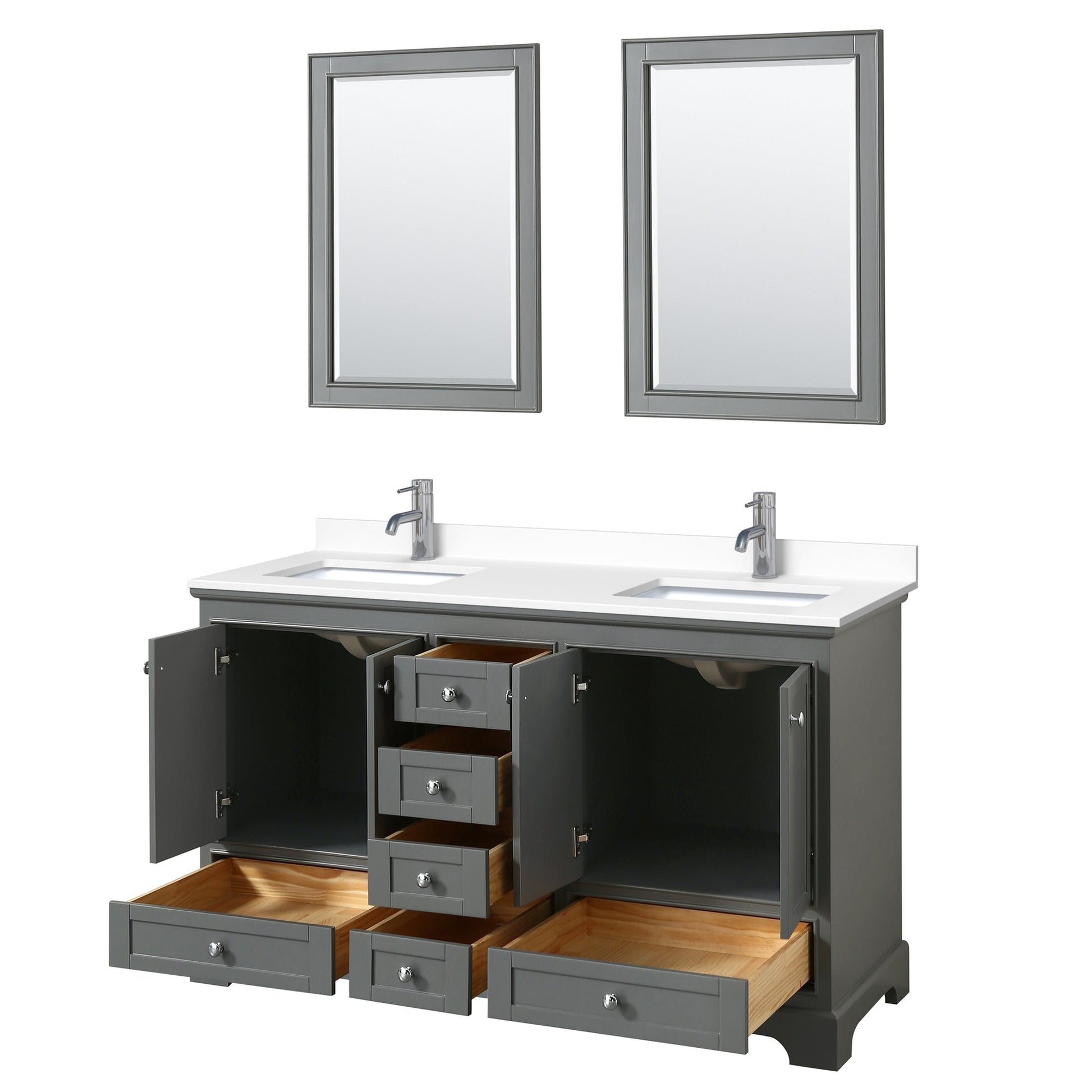 Wyndham Collection Deborah 60" Double Bathroom Vanity in Dark Gray, White Cultured Marble Countertop, Undermount Square Sinks, 24" Mirror
