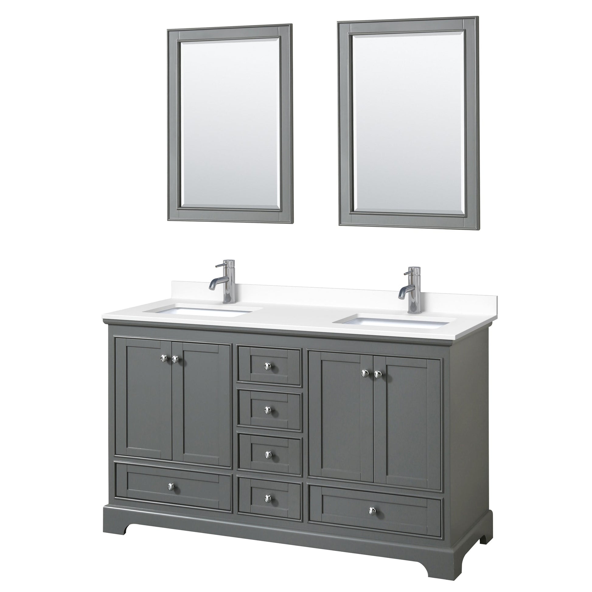 Wyndham Collection Deborah 60" Double Bathroom Vanity in Dark Gray, White Cultured Marble Countertop, Undermount Square Sinks, 24" Mirror