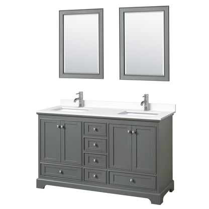 Wyndham Collection Deborah 60" Double Bathroom Vanity in Dark Gray, White Cultured Marble Countertop, Undermount Square Sinks, 24" Mirror