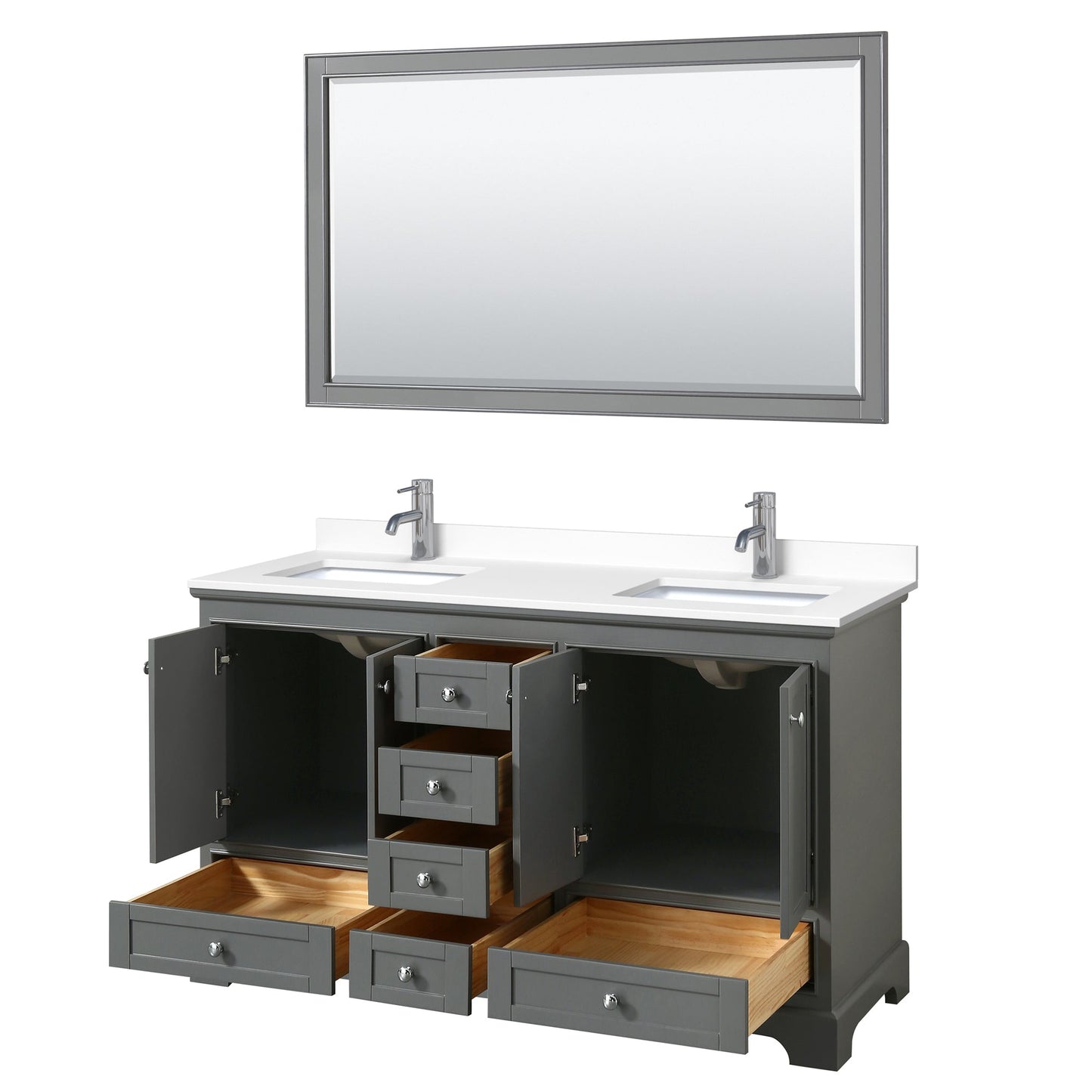 Wyndham Collection Deborah 60" Double Bathroom Vanity in Dark Gray, White Cultured Marble Countertop, Undermount Square Sinks, 58" Mirror