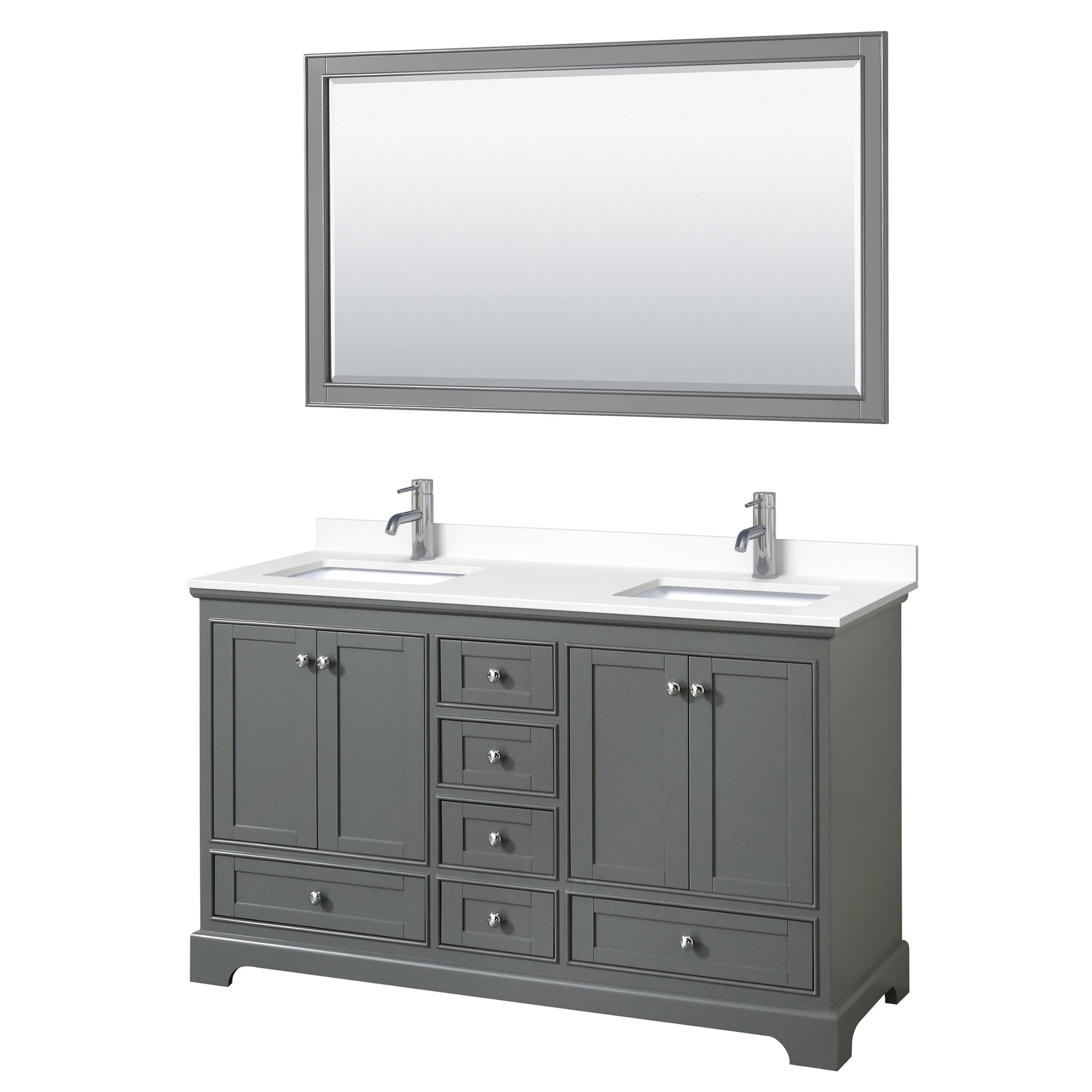 Wyndham Collection Deborah 60" Double Bathroom Vanity in Dark Gray, White Cultured Marble Countertop, Undermount Square Sinks, 58" Mirror