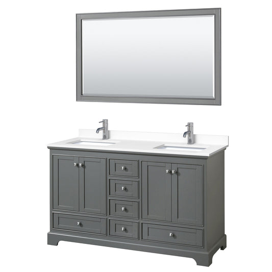 Wyndham Collection Deborah 60" Double Bathroom Vanity in Dark Gray, White Cultured Marble Countertop, Undermount Square Sinks, 58" Mirror