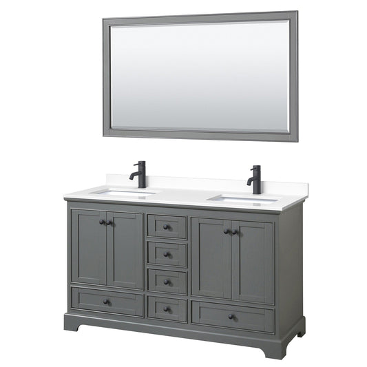 Wyndham Collection Deborah 60" Double Bathroom Vanity in Dark Gray, White Cultured Marble Countertop, Undermount Square Sinks, Matte Black Trim, 58" Mirror