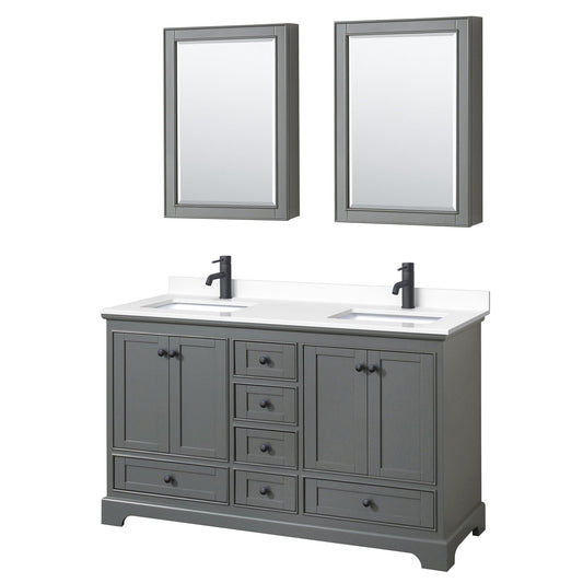 Wyndham Collection Deborah 60" Double Bathroom Vanity in Dark Gray, White Cultured Marble Countertop, Undermount Square Sinks, Matte Black Trim, Medicine Cabinets