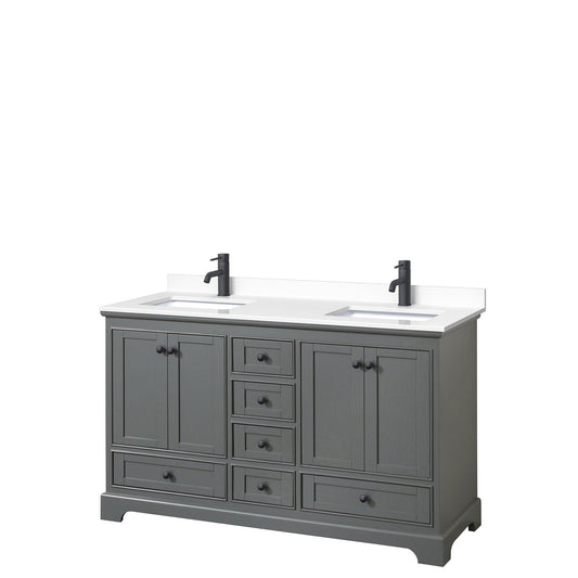 Wyndham Collection Deborah 60" Double Bathroom Vanity in Dark Gray, White Cultured Marble Countertop, Undermount Square Sinks, Matte Black Trim