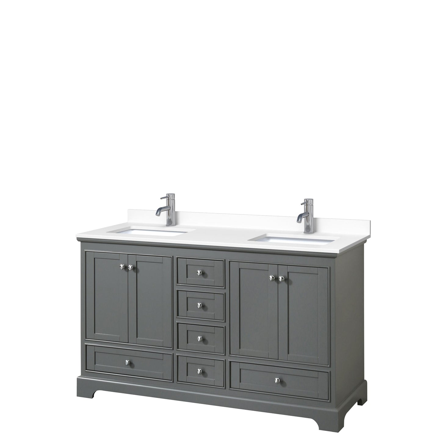 Wyndham Collection Deborah 60" Double Bathroom Vanity in Dark Gray, White Cultured Marble Countertop, Undermount Square Sinks, No Mirror