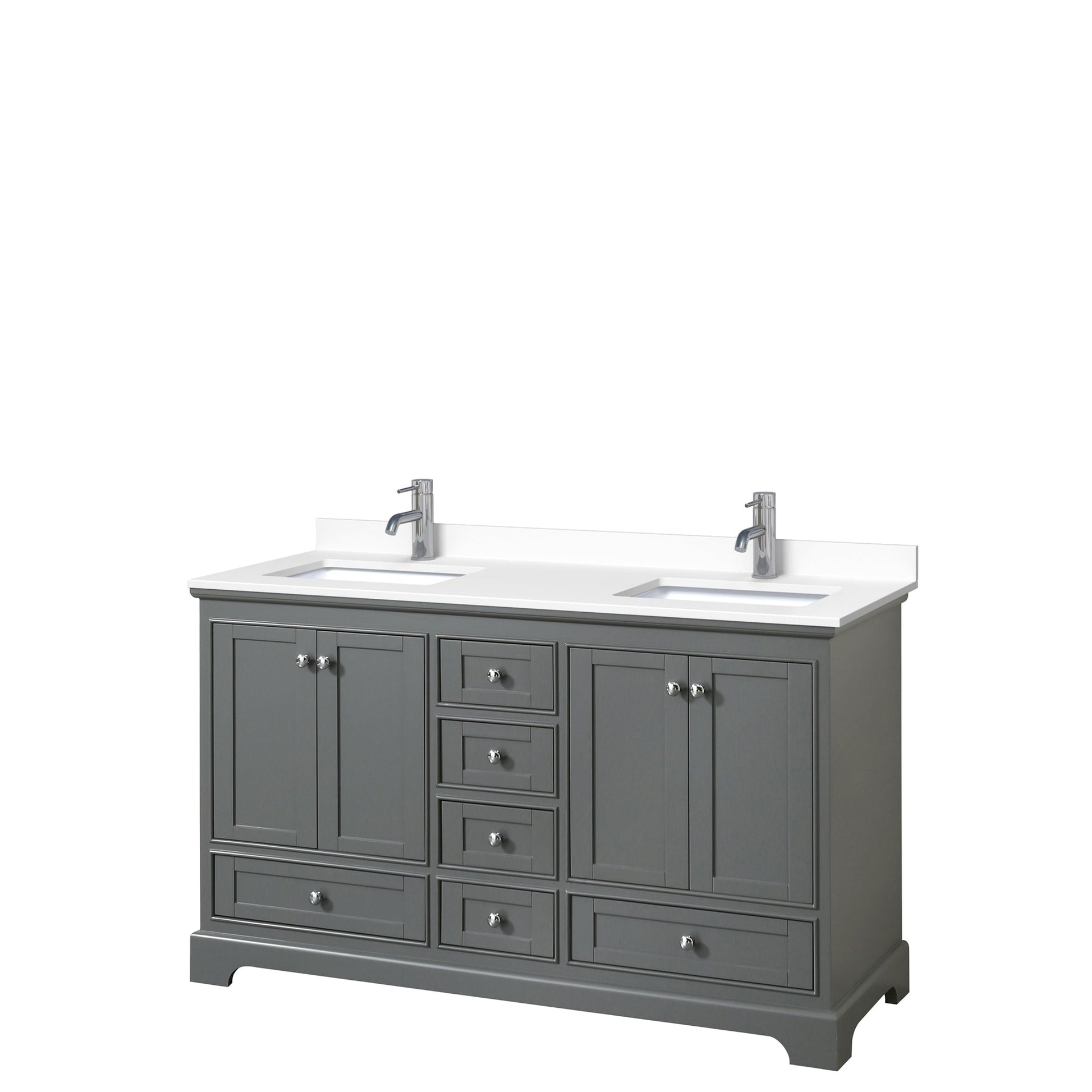 Wyndham Collection Deborah 60" Double Bathroom Vanity in Dark Gray, White Cultured Marble Countertop, Undermount Square Sinks, No Mirror