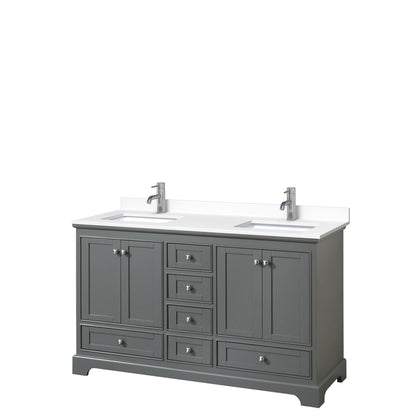 Wyndham Collection Deborah 60" Double Bathroom Vanity in Dark Gray, White Cultured Marble Countertop, Undermount Square Sinks, No Mirror