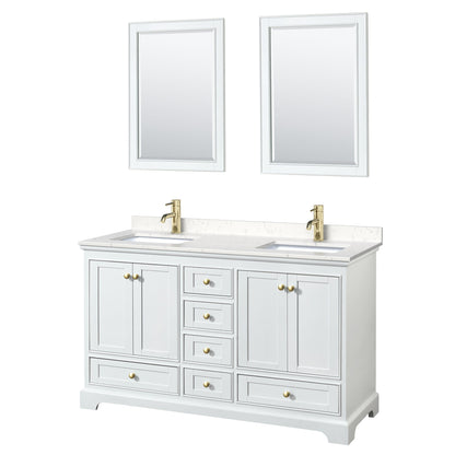 Wyndham Collection Deborah 60" Double Bathroom Vanity in White, Carrara Cultured Marble Countertop, Undermount Square Sinks, Brushed Gold Trim, 24" Mirror