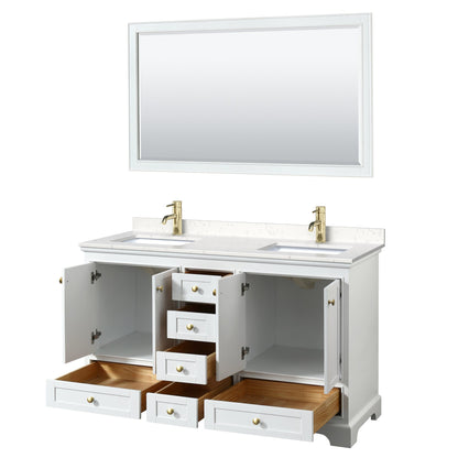 Wyndham Collection Deborah 60" Double Bathroom Vanity in White, Carrara Cultured Marble Countertop, Undermount Square Sinks, Brushed Gold Trim, 58" Mirror